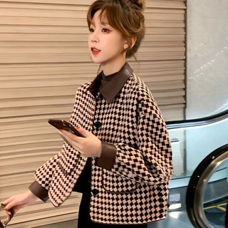 Áo Khoác Dạ Tweed Phối Da Họa Tiết Houndstooth