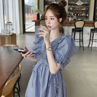 Váy Kẻ Búp Bê Sọc Tay Bồng Viền Lá Sen Nữ Mùa Hè Phong Cách Mới Của Pháp