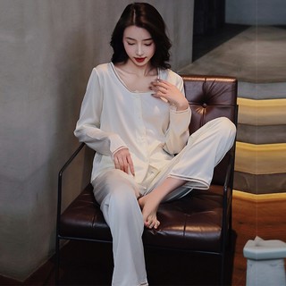 Bộ Đồ Ngủ Lụa Phối Ren Cổ Tròn Gợi Cảm Dành Cho Nữ