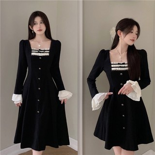 Bộ Váy Chữ A Cổ Vuông Đen Dáng Dài, Ngắn Cho Nữ Mùa Thu Mới Cao Cấp Cảm Thấy Khí Chất Thắt Lưng