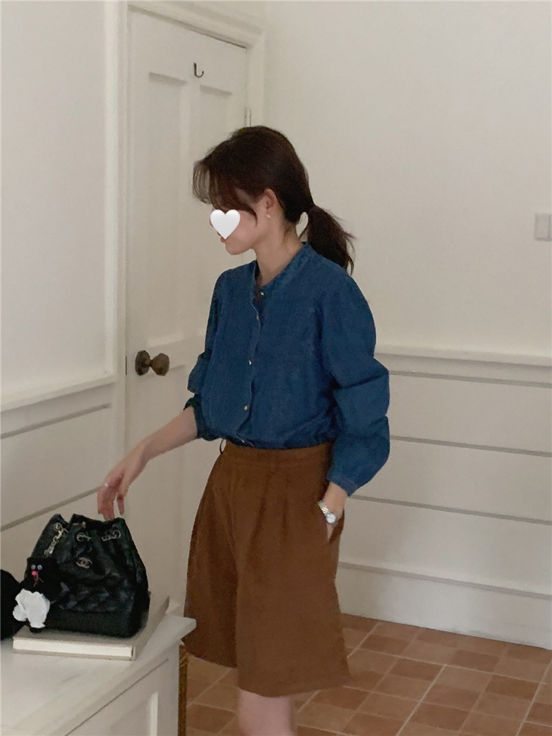 Áo Sơ Mi denim Tay Dài Cổ Đứng Phối Nút Kim Loại Phong Cách retro 67785