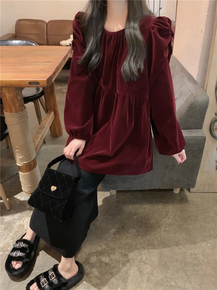 69112 retro Cổ Tròn Áo Sơ Mi Nhung Rời