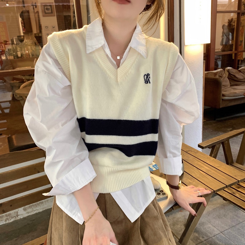 Áo sweater Dệt Kim Sát Nách Cổ Chữ v Phối Màu Thời Trang Thu Đông 67848