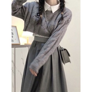Học Viện Phong Cách Len Màu Xám Nửa Người Hai Váy Liền Áo Mùa Thu Đông Nữ Phối Hợp Với Trà Hệ Mặc Cả Bộ