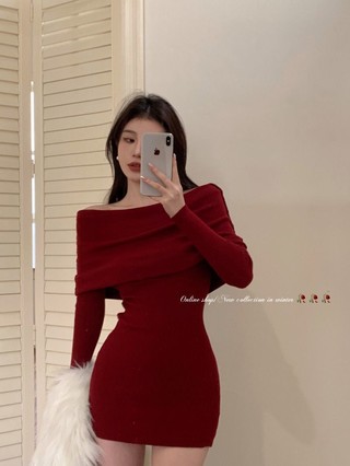 Váy Nữ Thiết Kế Trễ Vai Dài Tay Áo Đầm Nữ Thu Đông Thiết Kế Ôm Body Tôn Dáng Nữ