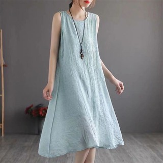  Áo Vest Không Tay Váy Vải Lanh Cotton Giữa Chiều Dài Đầm Nữ Mùa Hè 2024 Phong Cách Mới Kích Thước Lớn Bao Bụng