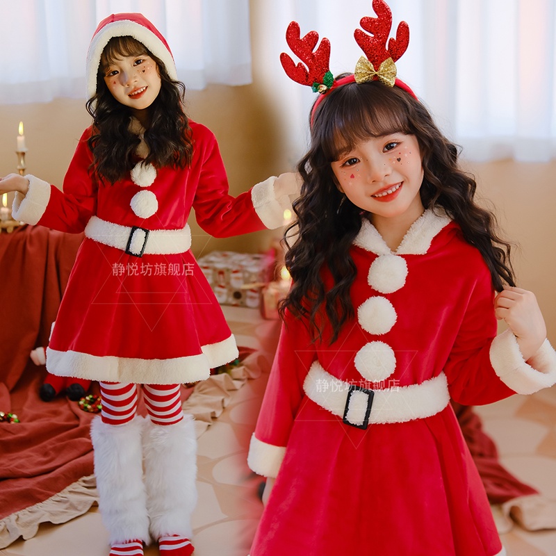 Đầm Công Chúa Tay Dài Phồng Màu Đỏ In Họa Tiết Ông Già Noel Dễ Thương Thời Trang Mùa Đông Cho Bé Gái