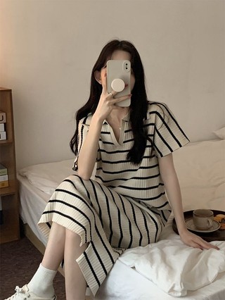 Váy Mùa Hè Nữ  Mới Ins Hàn Quốc Đơn Giản Khai Thác Sọc Ngắn Tay Áo Đầm