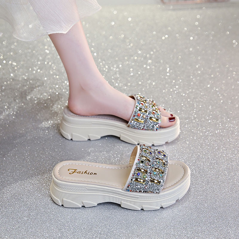 Dép Cao Gót Đế Dày Đính Kim Sa Size Lớn 35-42 Thời Trang Mùa Hè Cho Nữ 41