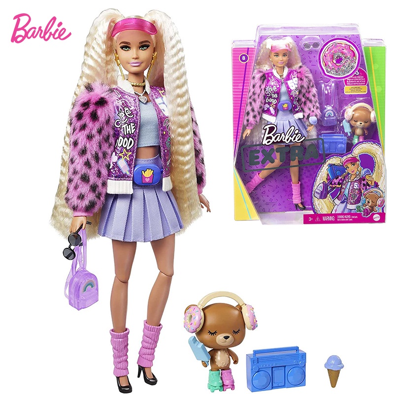 Barbie Extra Doll Pink Sparkly Varsity Jacket with Furry Arms Pet Teddy Bear Extra-Long Crimped Pigtails Girl Toy Birthd