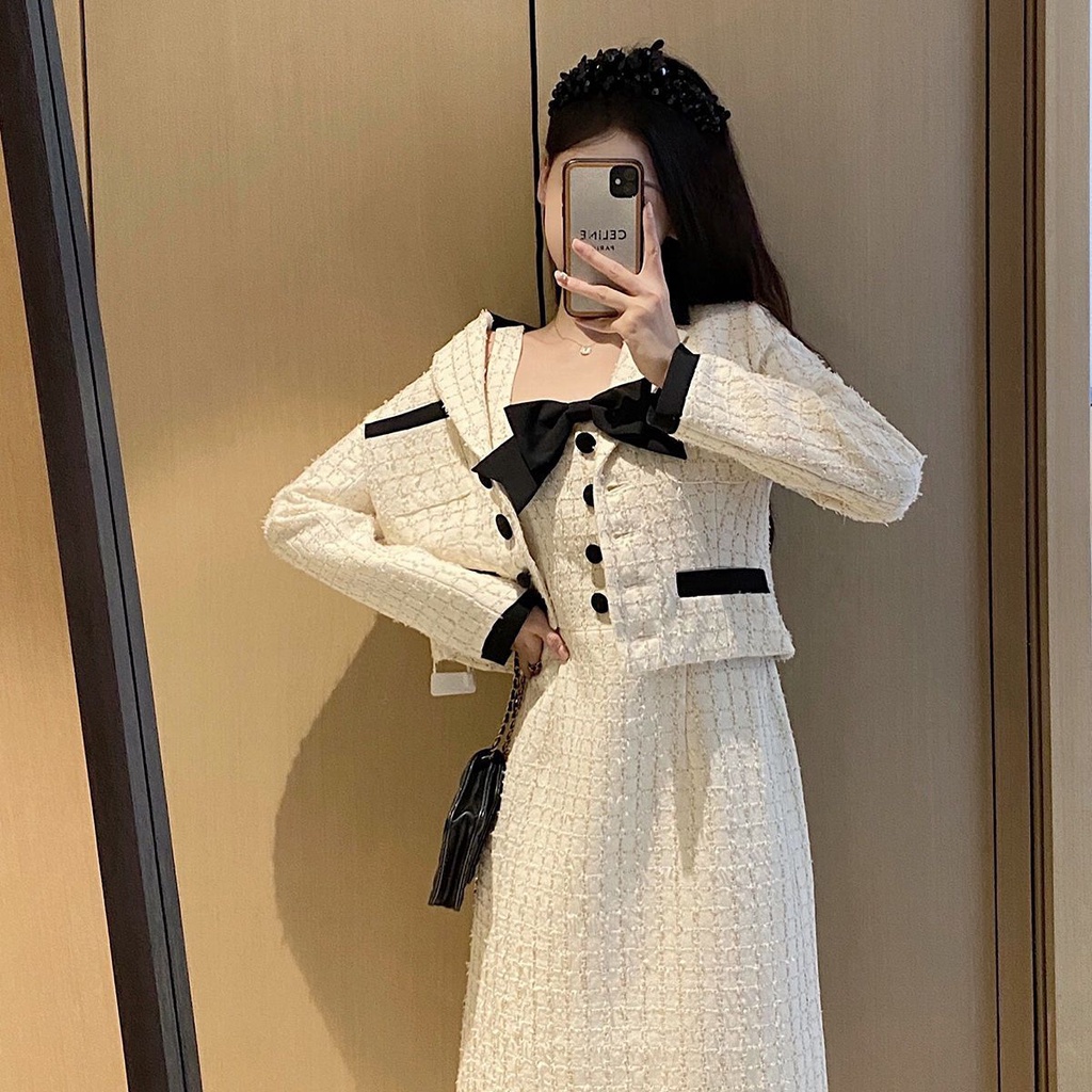 Set Dạ Tweed Áo Khoác Dài Tay Phối Viền Cúc Đen Và Đầm 2 Dây Dáng Dài Đính Nơ Sang Chảnh Tiểu Thư