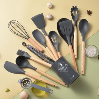 Bộ dụng cụ nấu ăn bằng silicone cán gỗ chống dính cho nhà bếp