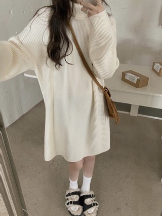 69264 Đầm Dệt Kim Nữ Cổ Cao Dày