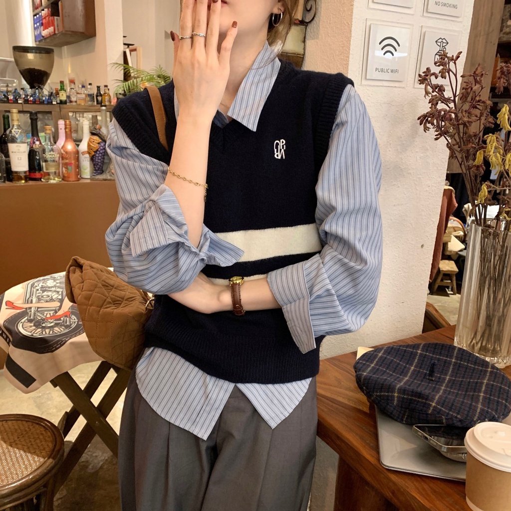 Áo sweater Dệt Kim Sát Nách Cổ Chữ v Phối Màu Thời Trang Thu Đông 67848