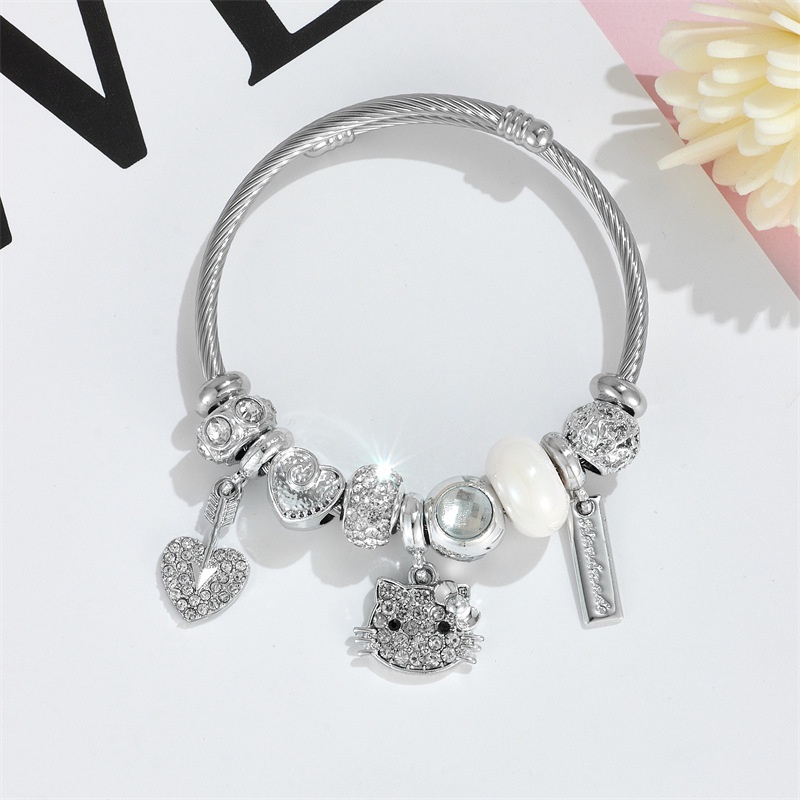 Xiaoboacc Vòng Tay Chuỗi Hạt Bằng Thép Không Gỉ Hình Mèo May Mắn Đính Kim Cương Sang Trọng Cho Nữ