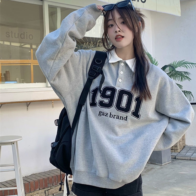 Áo Sweater Tay Dài Cổ polo Thêu Họa Tiết Thời Trang Hàn Quốc Cho Nữ