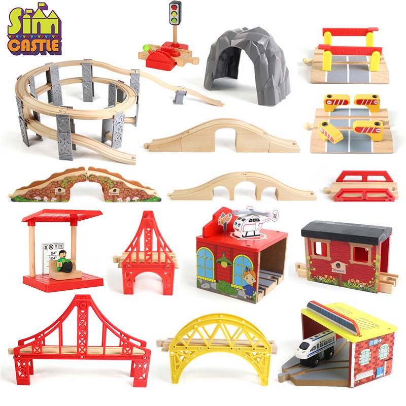 Wooden Track for Trains Railway Station Toys for Children Wood Block Educational Boys Toy Car Cross 