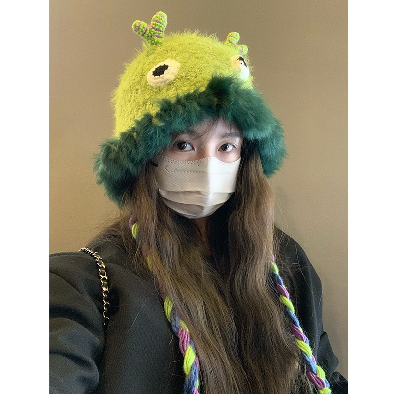 Dualswish Mũ Len Thủ Công Giữ Ấm Tai Thỏ Quái Vật Nhỏ Dễ Thương Thu Đông Cho Nữ Leo feng