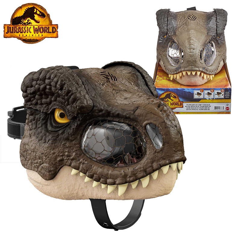 Original Mattel Jurassic World Domination Dinosaur Tyrannosaurus Rex Chews Mask Helmet Toys for Boy 