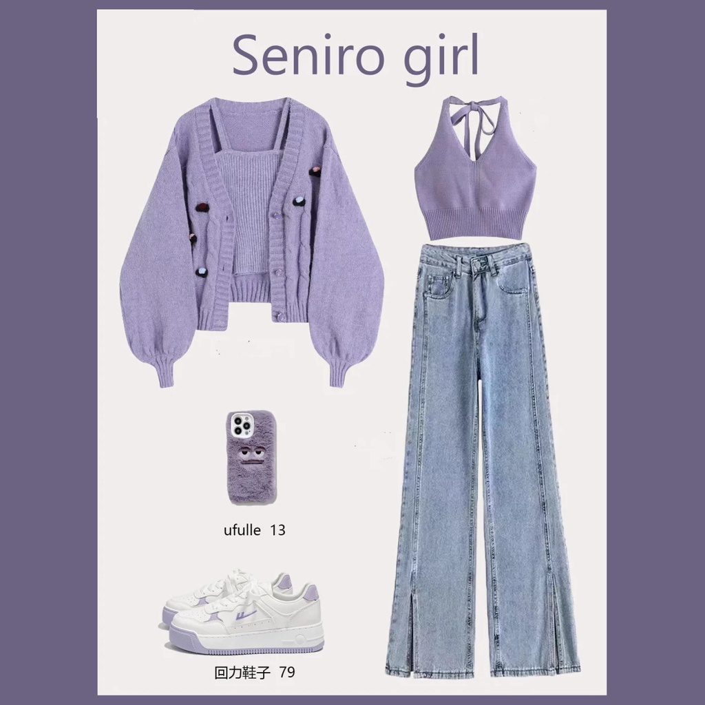 Set Quần Jean Áo Cardigan Ngắn Phong Cách Hàn Quốc Mùa Thu