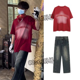 BST Triều Thương Hiệu Cao Đường Phố Sao In T-Shirt Ngắn Tay Áo Nam Hiphop mĩ quần jean loang