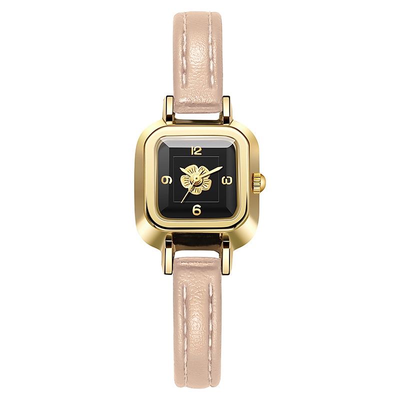 Đồng Hồ Đeo Tay Dây Da Mặt Vuông Nhỏ Họa Tiết Hoa Thời Trang Cho Nữ
