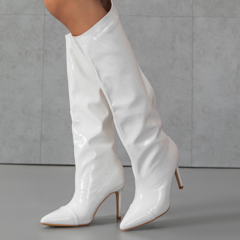 Giày Bốt Cao Gót Mũi Nhọn Chất Liệu Da Bóng Thời Trang Châu Âu 2023 size 35-41
