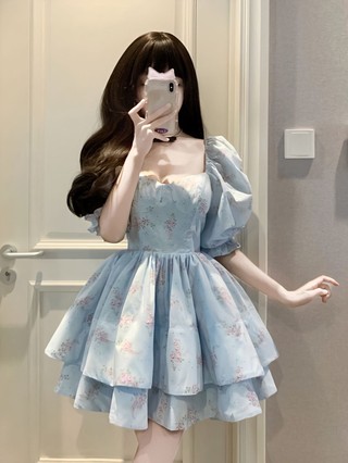 Váy Búp Bê Pháp Cổ Vuông Tay Bong Bóng Ngọt Ngào Cao Eo