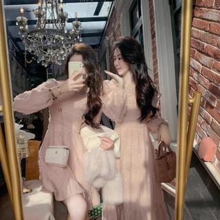 Váy Đầm Nữ Mới Mùa Thu Đông Ngọt Ngào Vòng Cổ Ngọc Trai Dịu Dàng Thắt Lưng Lộ Vẻ Gầy Gò