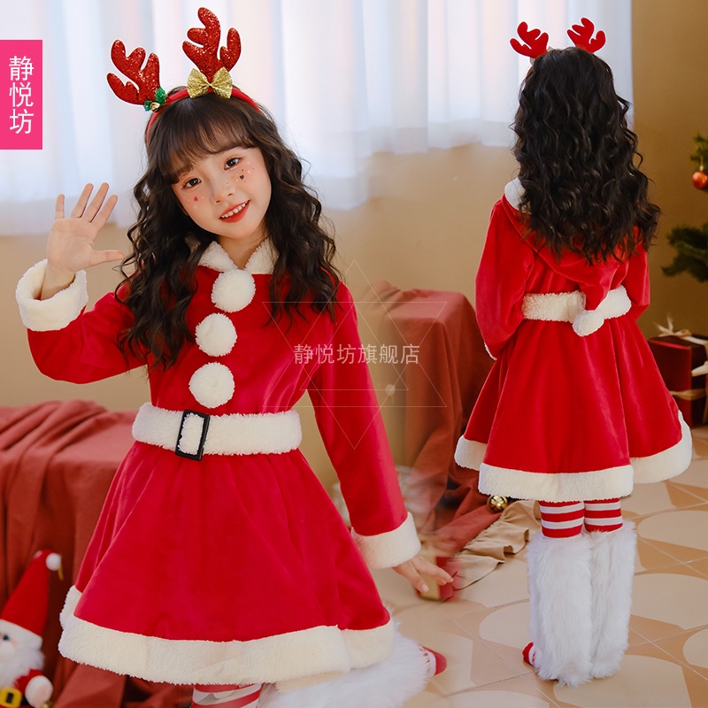 Đầm Công Chúa Tay Dài Phồng Màu Đỏ In Họa Tiết Ông Già Noel Dễ Thương Thời Trang Mùa Đông Cho Bé Gái