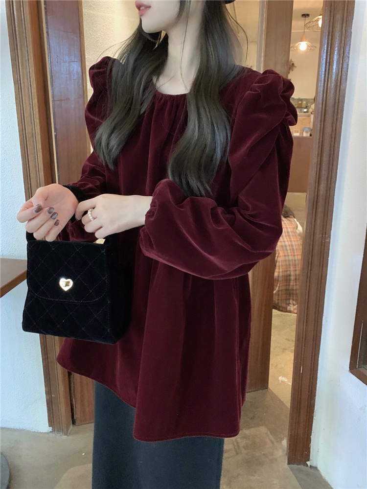69112 retro Cổ Tròn Áo Sơ Mi Nhung Rời