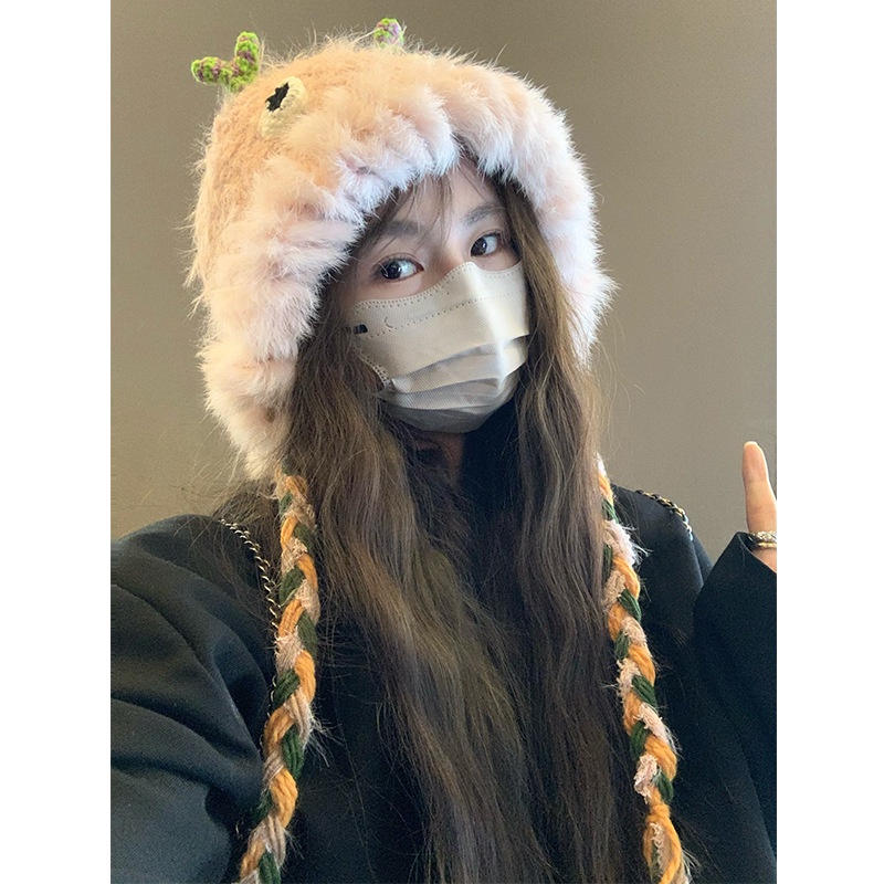 Dualswish Mũ Len Thủ Công Giữ Ấm Tai Thỏ Quái Vật Nhỏ Dễ Thương Thu Đông Cho Nữ Leo feng