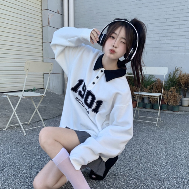 Áo Sweater Tay Dài Cổ polo Thêu Họa Tiết Thời Trang Hàn Quốc Cho Nữ