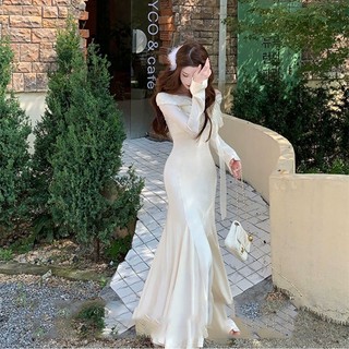 Váy Đuôi Cá Trễ Vai, Tay Áo Lưới Sợi Dệt Kim, Kiểu Pháp, Cao Cấp