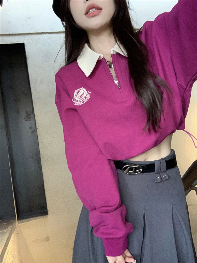 Áo sweater Tay Dài Cổ polo Thêu Họa Tiết Màu Sắc Tương Phản Phong Cách Hàn Quốc Cho Nữ