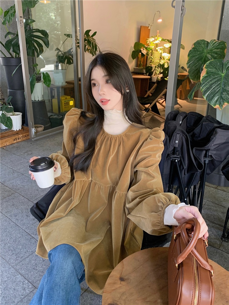69112 retro Cổ Tròn Áo Sơ Mi Nhung Rời