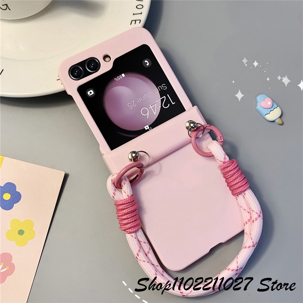 Dễ Thương Ốp Điện Thoại Màu Hồng Có Dây Đeo Tay Cho samsung galaxy z flip 5 5g z flip4 flip3 zflip5