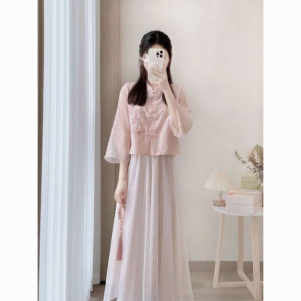 Set Đầm Hán Phục Cách Tân Màu Hồng Thêu Hoa Đào Phong Cách Trung Hoa Mới Ngọt Ngào Dễ Thương
