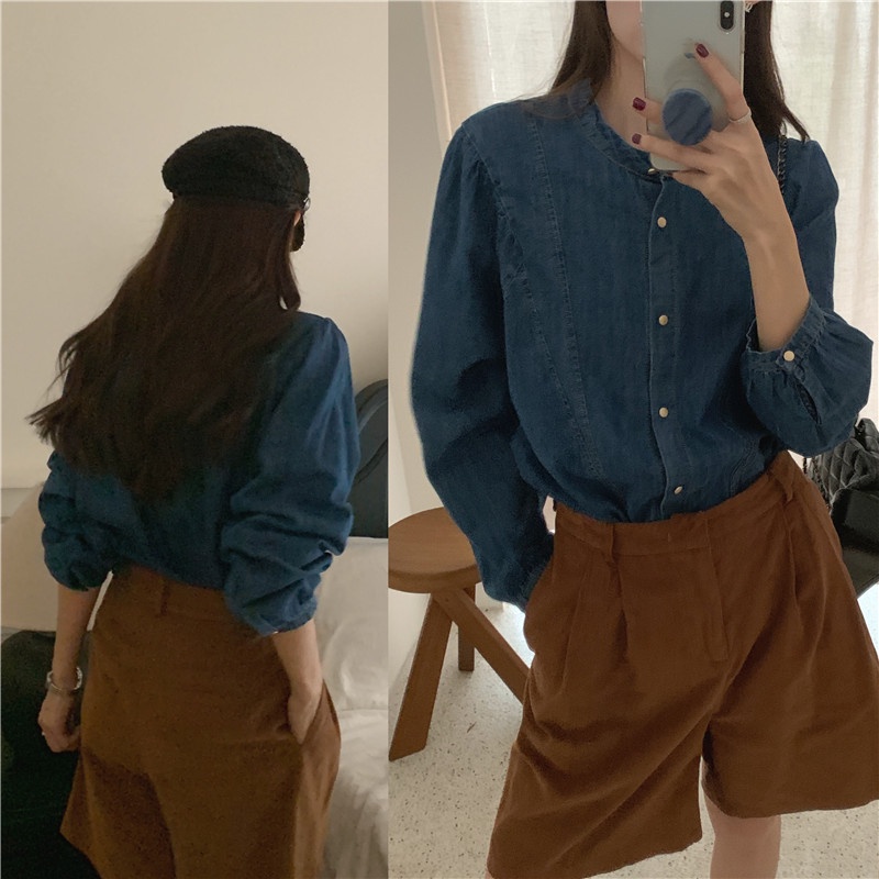 Áo Sơ Mi denim Tay Dài Cổ Đứng Phối Nút Kim Loại Phong Cách retro 67785