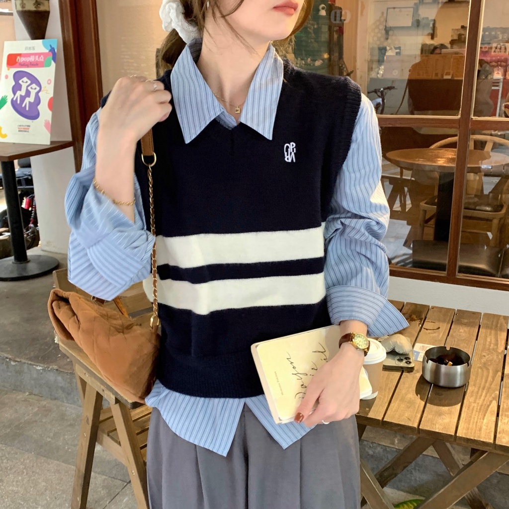 Áo sweater Dệt Kim Sát Nách Cổ Chữ v Phối Màu Thời Trang Thu Đông 67848