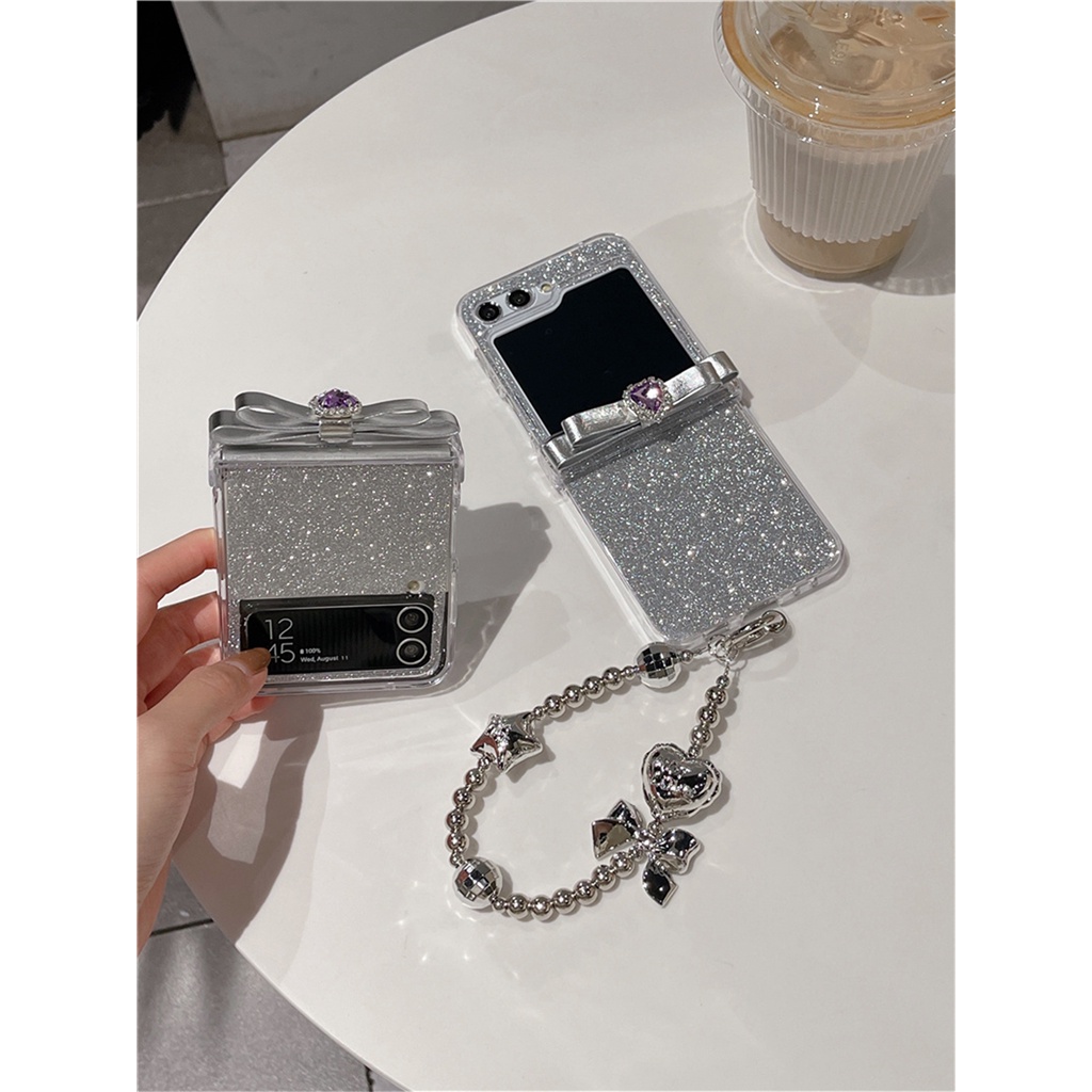 Bao Da Điện Thoại Nắp Lật Đính Đá Hình Nơ Trái Tim 3d Cho samsung galaxy z flip 5 5g z flip4 flip3 zflip5 Ốp