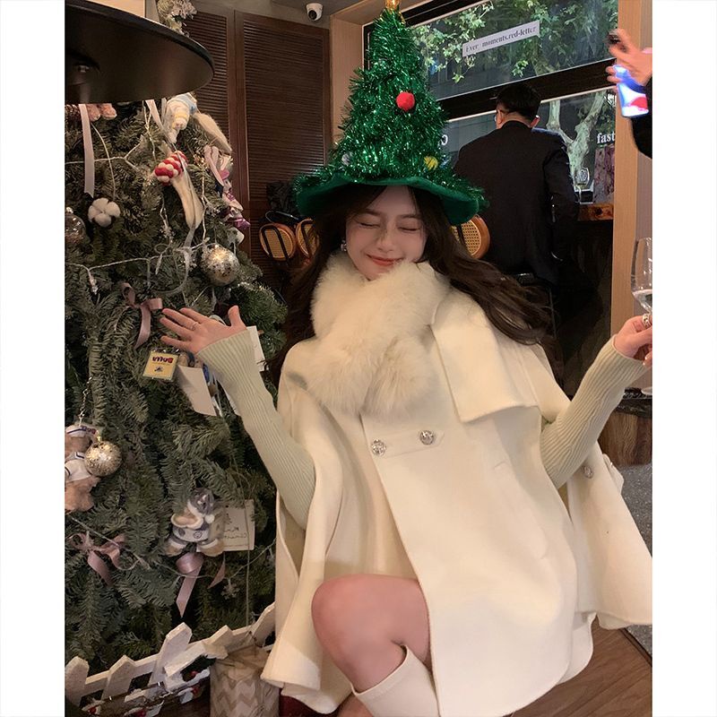 Áo Khoác Nữ Thiết Kế Cao Cấp Cho Mùa Thu Đông Chiến Tranh Năm Mới Trắng Áo Choàng Lông Châu Âu