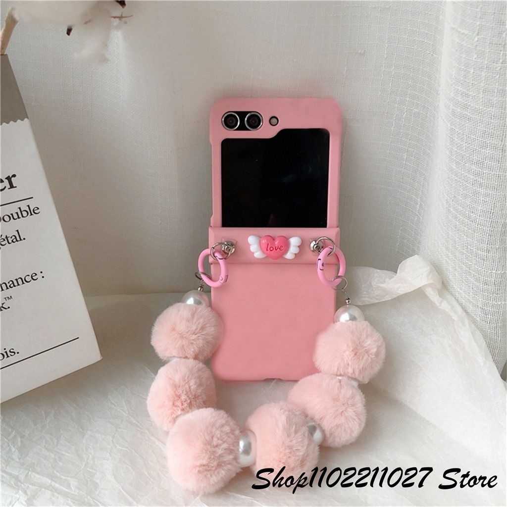 Dễ Thương Ốp Điện Thoại Hình Trái Tim Đôi Cánh 3d Đính Ngọc Trai Phối Bóng Lông Cho galaxy zflip5 5g z flip5 flip5 zflip5