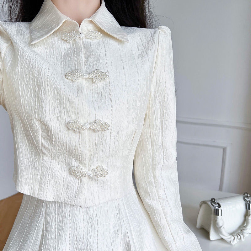 Set váy áo nữ Phong Cách Pháp Phong Cách Nữ Xuân Thu Khí Chất Cao Eo Cải Tiến Sườn Xám ,Áo Treo Váy Thời Trang Hai Bộ