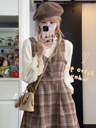 Váy Yếm Ca Rô Thắt Lưng Bên Trong Là Áo Lót Mềm Mại Phong Cách Mới Nhất Kiểu Pháp, Của Nữ Sinh Mùa Thu Đông
