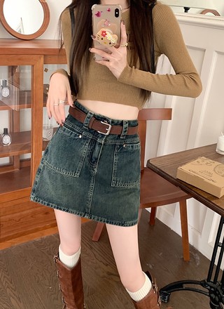 Chân váy denim lưng cao dáng chữ a phối thắt lưng thời trang dành cho nữ 68877