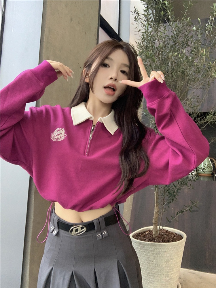 Áo sweater Tay Dài Cổ polo Thêu Họa Tiết Màu Sắc Tương Phản Phong Cách Hàn Quốc Cho Nữ