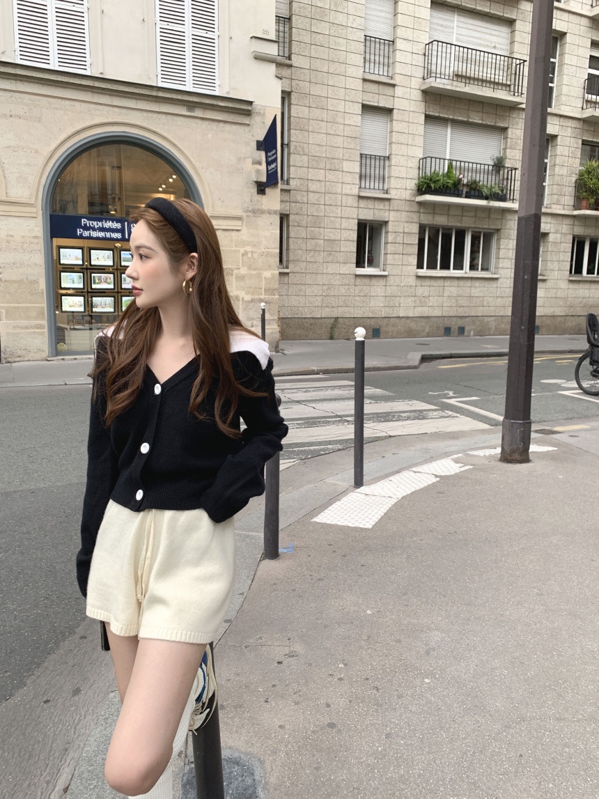 68139 Áo Len Màu Tương Phản Ve Áo cardigan Nữ Hàng Đầu