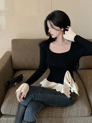 Áo Len Tăm Cổ Vuông Pha Viền Bèo Cách Điệu Xinh Xắn