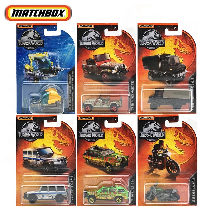 Original Mattel Matchbox Jurassic World Car Toys 1/64 Offroad Dinosaurs Rescue Hunting Truck Toys for Children Motorcycl